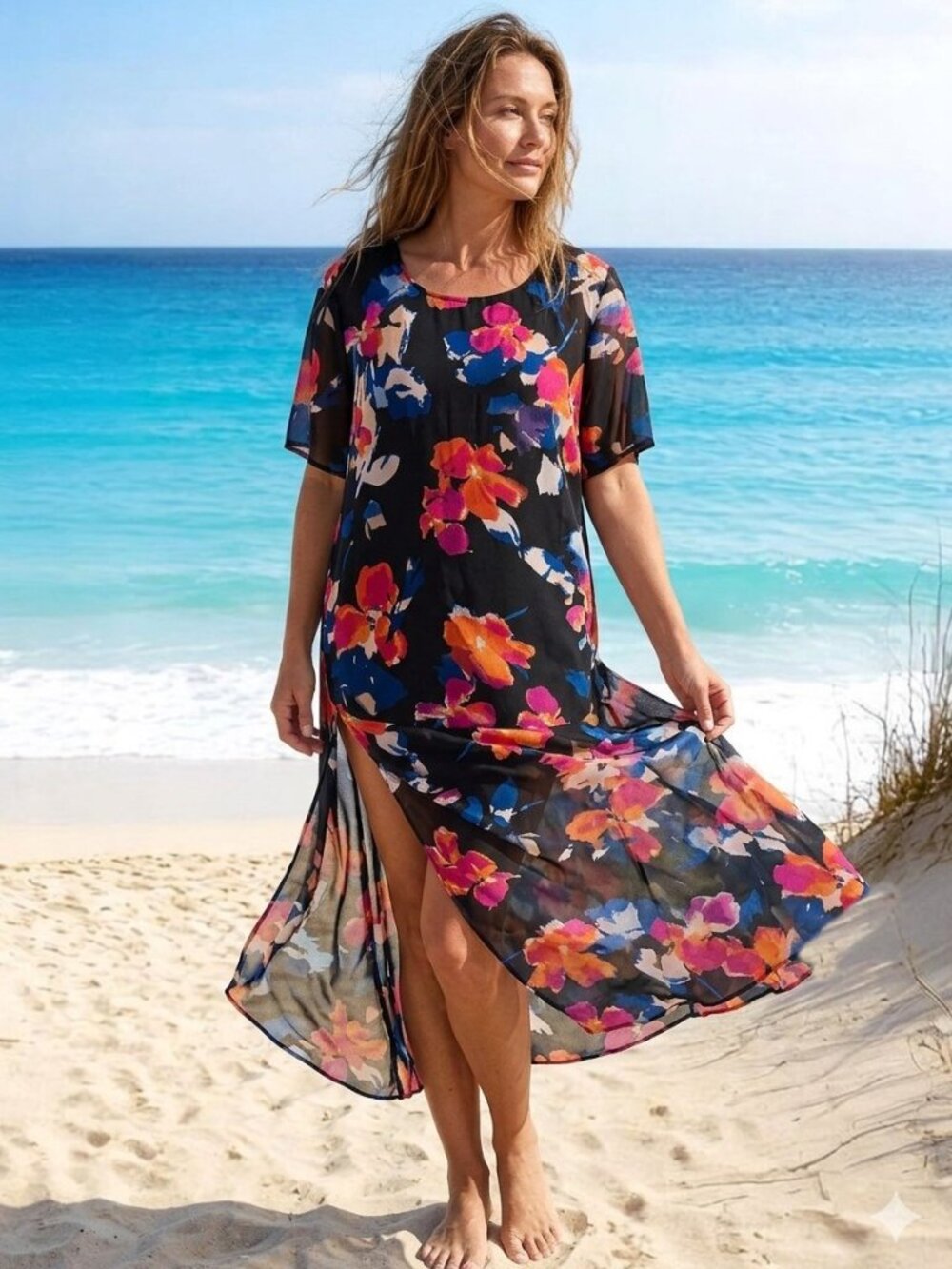 VINCE CAMUTO Short Sleeve Floral Swim Cover-up Long Kaftan Dress Sx 2X